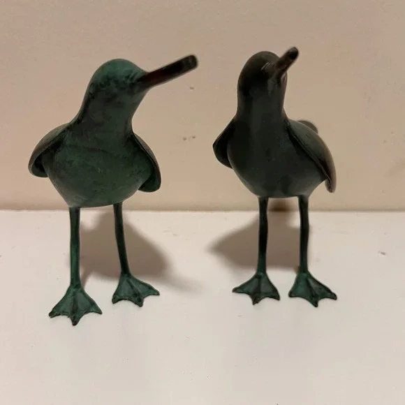 Vintage Pair Bronze Shorebird Figurines Green Verdigris Patina Coastal Decor MCM - Picture 8 of 9